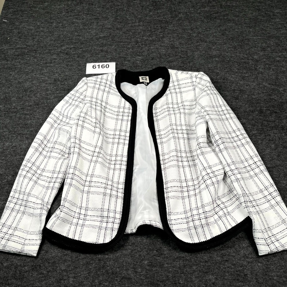 Anne Klein Jacket Womens Medium‎ White Black Plaid Open Front Contrasting Trim